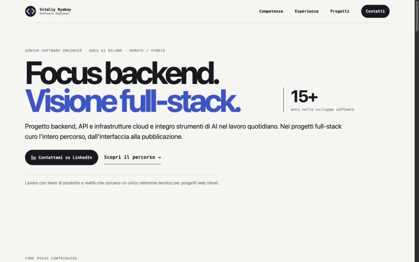 Homepage di Ryaboy.dev con la presentazione professionale